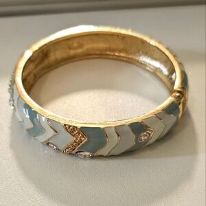 Vintage Gold Tone Turquoise Enamel & Rhinestone Cuff Clamper Bracelet.